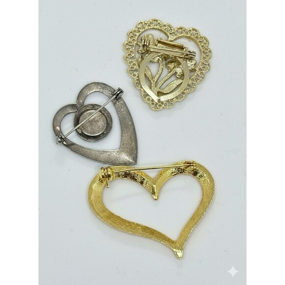 Lot of 3 Heart Brooch Pins – Vintage Style Gold & Silver Tone Rhinestone Red - Picture 2 of 11